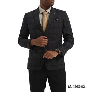Charcoal Windowpane Check Notch Lapel Slim Fit Tazzio Men's Jacket